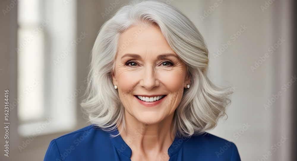 Portrait of a smiling older woman with short gray hair wearing a blue shirt Portrait of a smiling older woman with short gray hair wearing a blue shirt