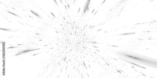 Abstract white debris explosion or shattered glass effect. A radial warp speed burst of particles. Isolated graphic element on transparent background for dynamic designs, PNG cutout.