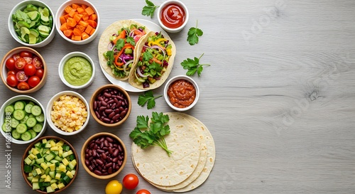 Wallpaper Mural Fresh and healthy taco bar with an emphasis on plant-based ingredients: colorful vegetables, various beans, unique sauces, and wholesome tortillas, brightly lit from above,  Torontodigital.ca
