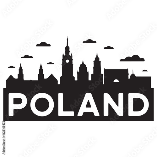 Vector Poland skyline. Travel Poland famous landmarks. Business and tourism concept for presentation, banner, web site. Vector black silhouette. with white background