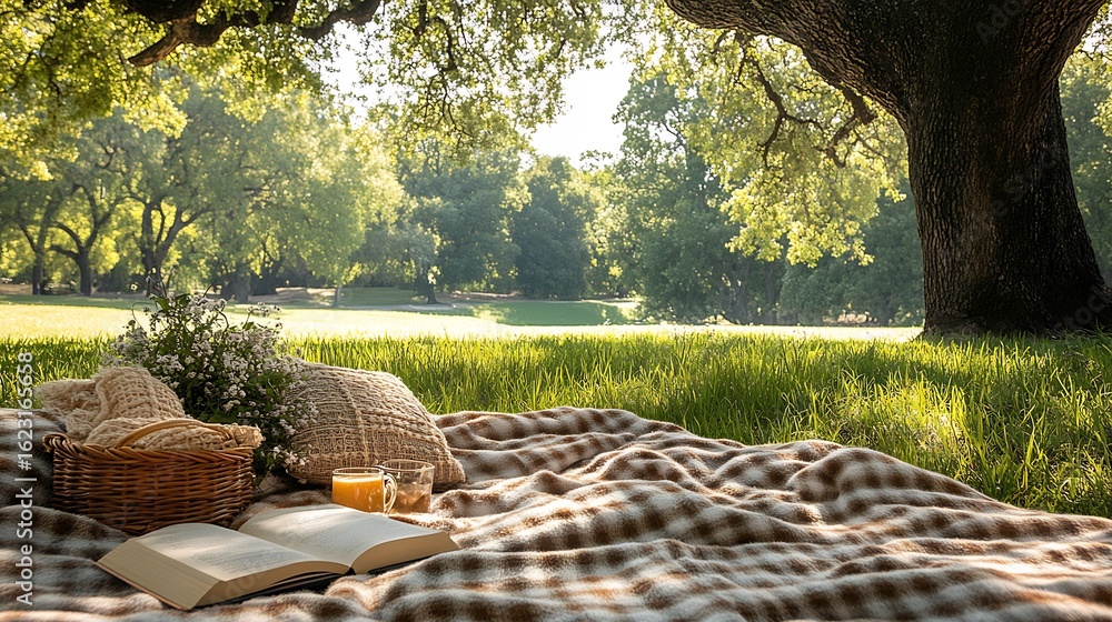 Fototapeta premium Fluffy plaid blanket spread out in a grassy park with a picnic basket and a book set up under a large tree ideal for a cozy outdoor afternoon