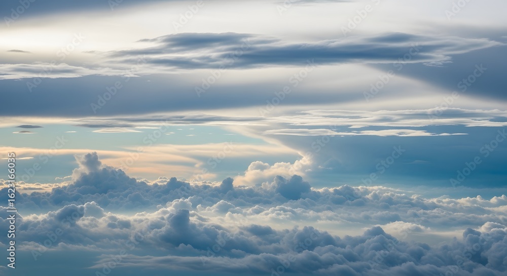 Obraz premium View from above the clouds at sunset, a breathtaking sky scape with dramatic light and shadow play between formations