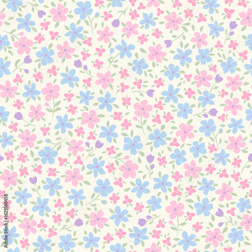 Vector illustration. Seamless pattern of small blue pink violet flowers on a beige background. Ditsy floral pattern, field of flowers, print for fabric, textile, wallpaper, baby clothes, packaging