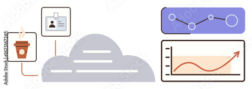Cloud linking ID badge, coffee cup, data graphs with rising trends. Ideal for digital transformation, remote work, cloud storage, data analysis, workplace efficiency, productivity modern technology