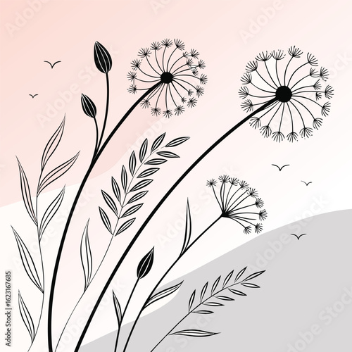 Minimalist vector illustration of a fluffy dandelion seed head with delicate seeds blowing in the wind