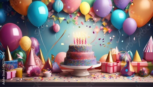 festive birthday decorations including balloons streamers and a cake birthday holiday