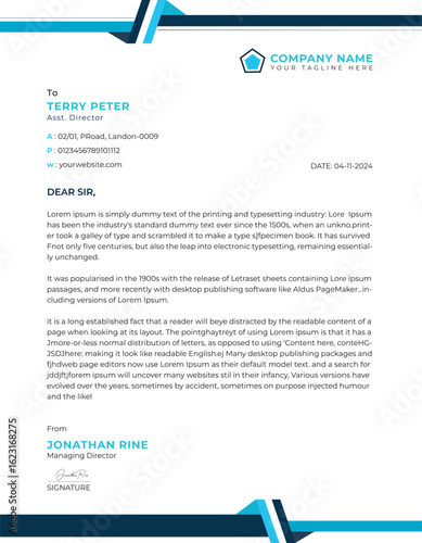 Professional business letterhead with company logo and detailed text content
