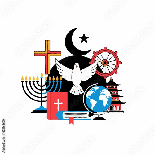 Vector illustration of religious symbols and world unity depicting cross, menorah, crescent moon, dharmachakra, dove, globe and temple on white background