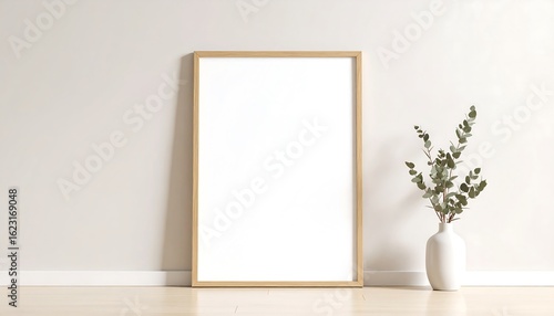 Minimalist frame mockup next to eucalyptus branches, A soothing interior scene with a blank picture frame and natural elements