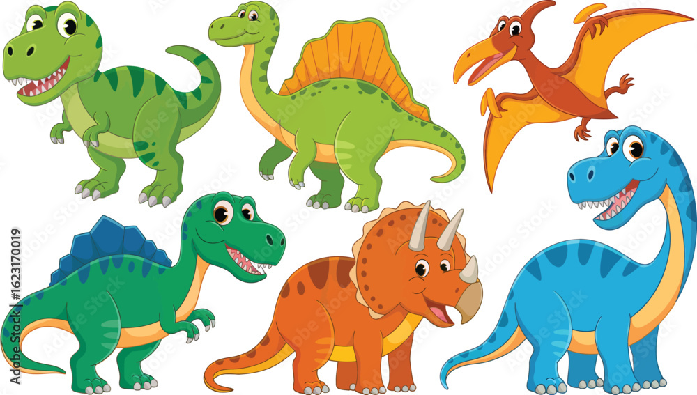 A collection of cartoon dinosaurs including t rex, triceratops, and pterodactyl