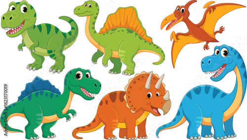 A collection of cartoon dinosaurs including t rex, triceratops, and pterodactyl