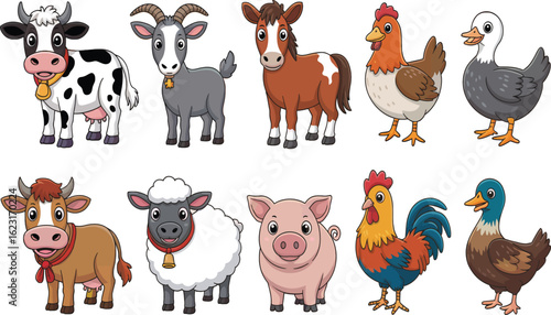 A colorful cartoon illustration featuring various farm animals on a white background image design