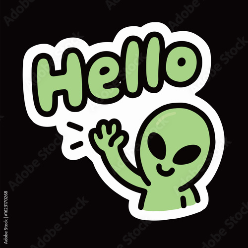 A friendly and cute cartoon green alien waving its hand, with the word "Hello" above it, designed as a welcoming and extraterrestrial vector sticker.