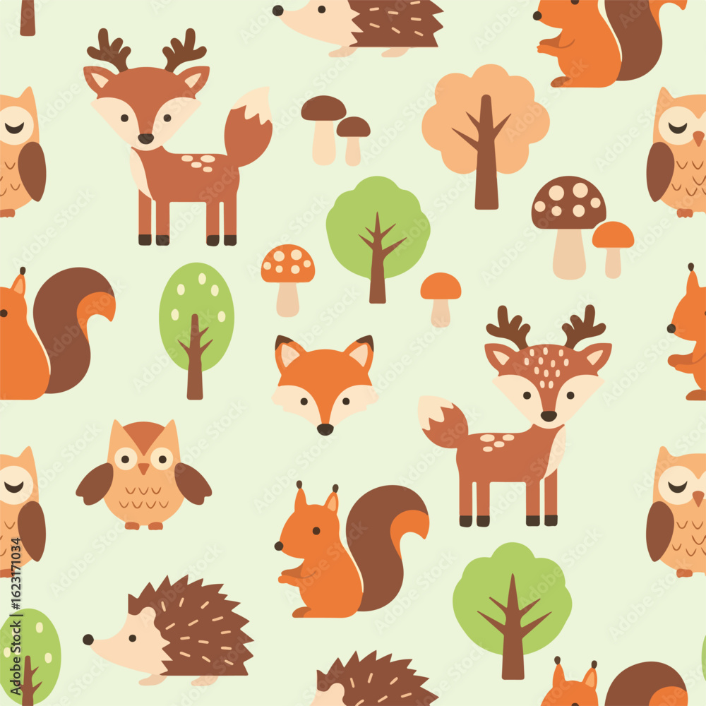 Fototapeta premium Charming woodland pattern featuring adorable cartoon deer, foxes, squirrels, owls, and hedgehogs amidst playful trees and mushrooms, perfect for children's designs.
