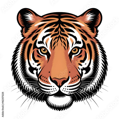 Vector art of a classic illustration of a tigers face with orange and black stripes, isolated on transparent background