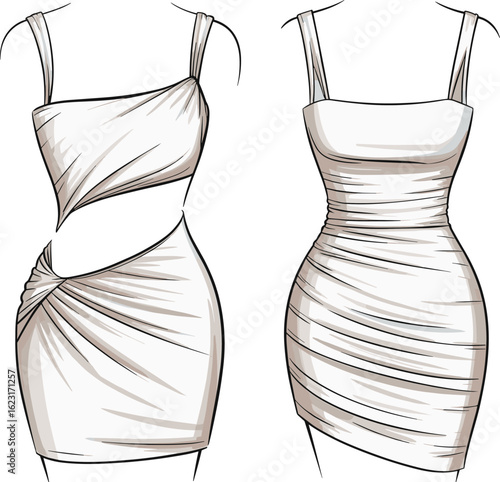 PrintStylish ruched mini dresses, front and back view fashion sketch, trendy women’s sleeveless outfits for modern clothing design template