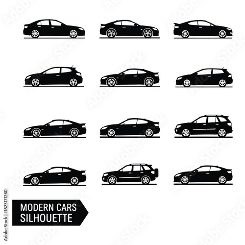 Art of collection of modern car silhouettes, showcasing various types including sedans, coupes, hatchbacks, suvs, and station wagons, isolated on a white background