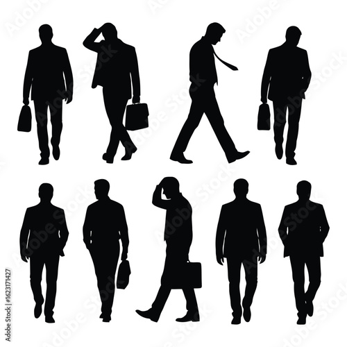 Art of collection of businessman silhouettes in suits walking and standing with briefcases, isolated on white background