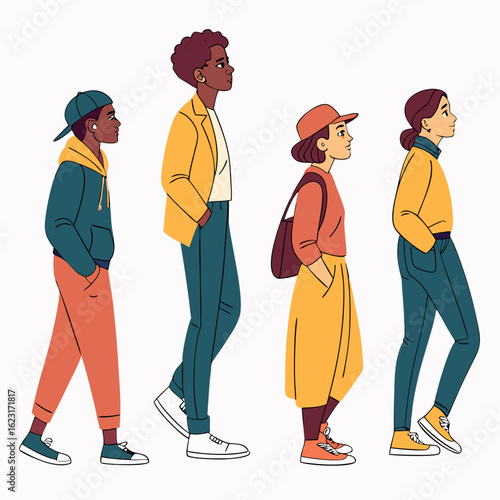 Group of stylish young people walking in trendy outfits isolated on white background