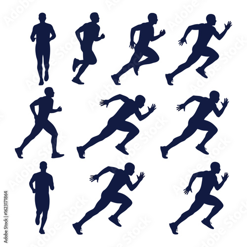 Art of collection of runner silhouettes in various dynamic running poses, isolated on white background
