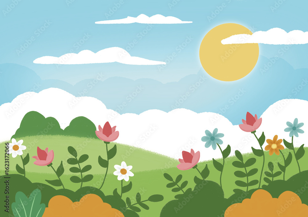 Obraz premium Nature landscape illustration with cartoon style. 