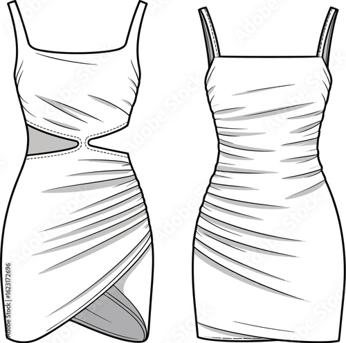 PrintTrendy sleeveless bodycon dress, front and back view, stylish ruched mini dress sketch, modern fashion illustration for designers