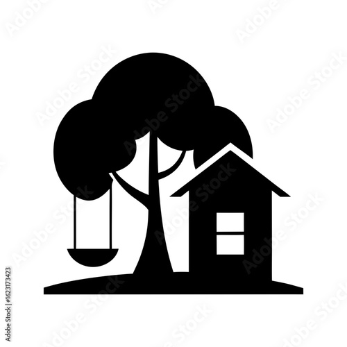 Silhouette icon of house with tree and swing perfect for home and nature design themes