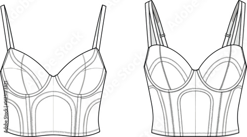 PrintFashion technical flat of women's bustier top, front and back view, stylish lingerie design, trendy apparel sketch, garment blueprint
