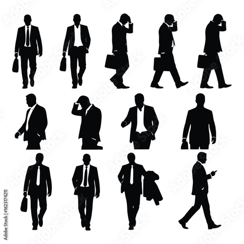 Art of collection of businessman silhouettes in various poses and actions, isolated on white background