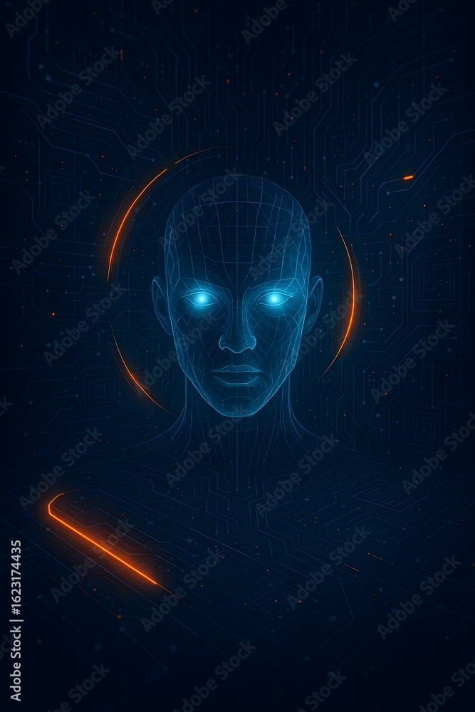 Fototapeta premium Futuristic AI Digital Face – Glowing Cybernetic Human Head with Neural Network and Sci-Fi Technology Elements