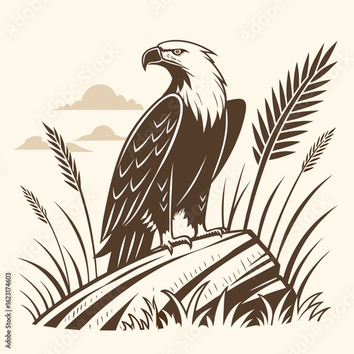 Majestic eagle perched on rock isolated on white background in vintage style