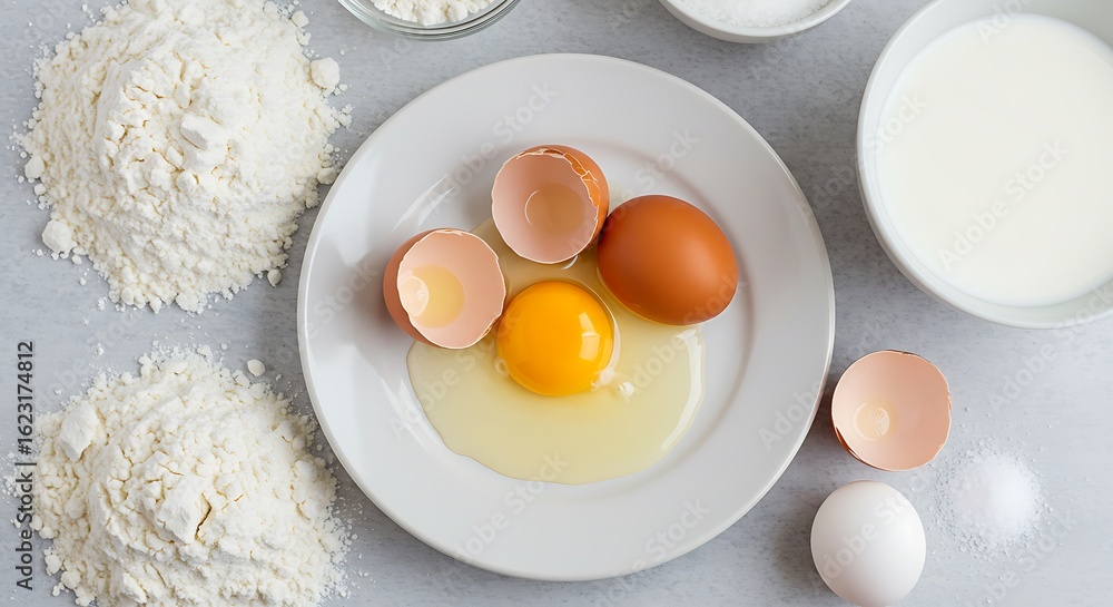 Baking Ingredients: Eggs, Flour, and Milk Baking Ingredients: Eggs, Flour, and Milk