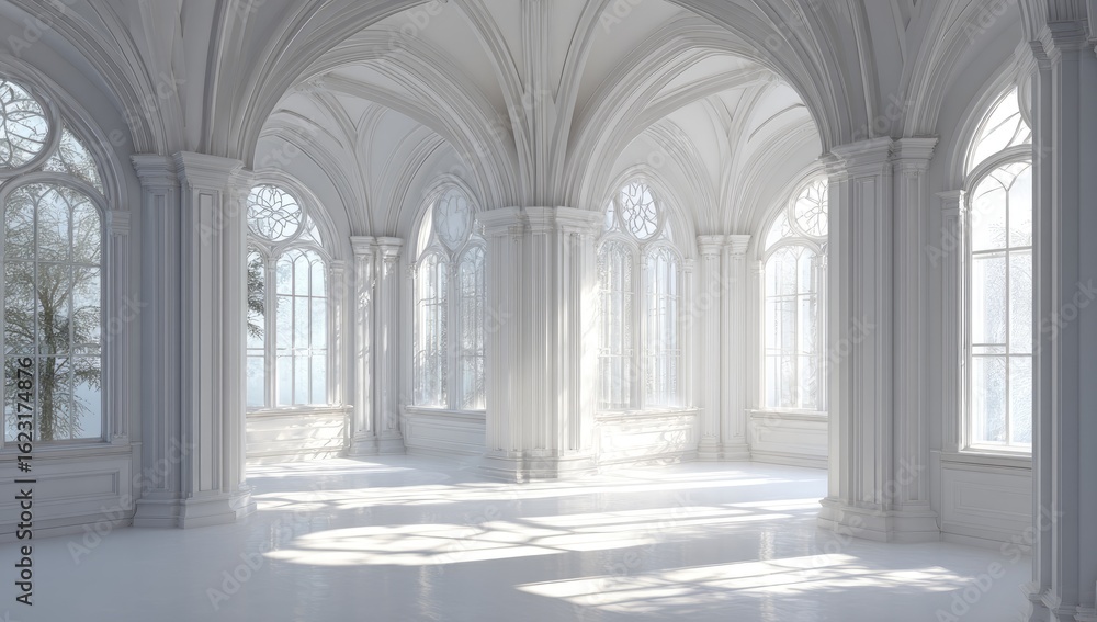 Obraz premium Grand, white, arched hall with large windows. Sunlight streams in