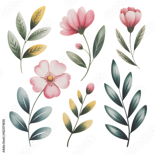 Vector art of a delicate watercolor floral arrangement with pink flowers and green leaves isolated on transparent background