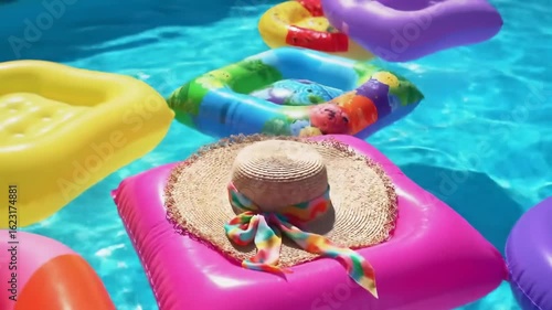 Colorful pool floats and a straw hat