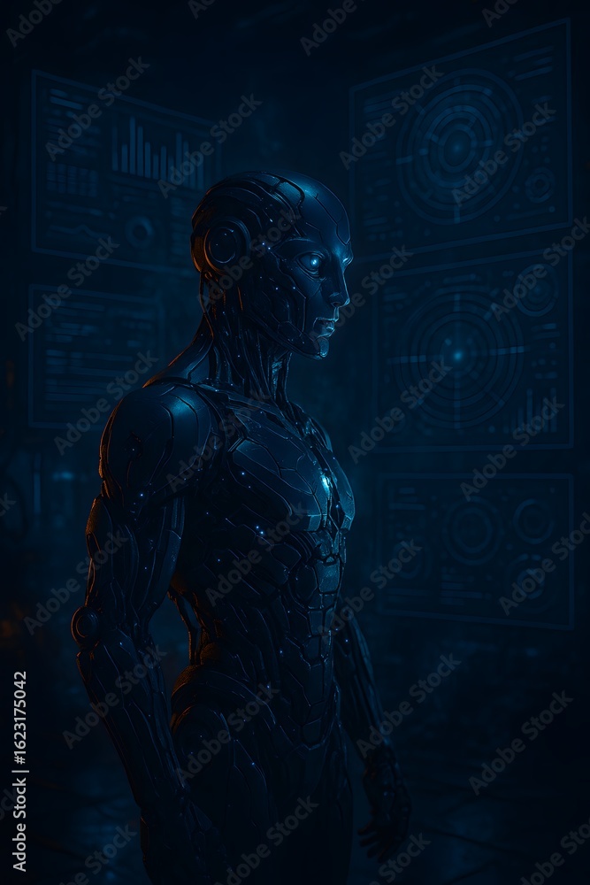 Futuristic Humanoid Robot Analyzing Holographic Data Screens in High-Tech AI Control Room Futuristic Humanoid Robot Analyzing Holographic Data Screens in High-Tech AI Control Room