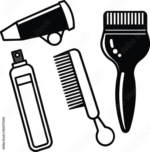 A set of black and white icons of professional hairstyling tools, including a comb, a spray bottle, and two types of hair dryers or brushes.