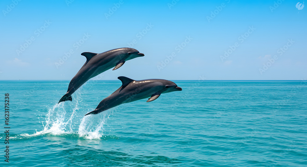 Fototapeta premium A Captivating Moment: Two Dolphins Leaping Gracefully From the Azure Waters Showcasing Freedom