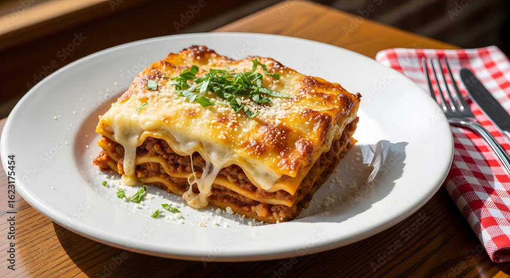 Close-up of freshly baked lasagna with melted cheese and vibrant herbs on a bright white plate on Close-up of freshly baked lasagna with melted cheese and vibrant herbs on a bright white plate on