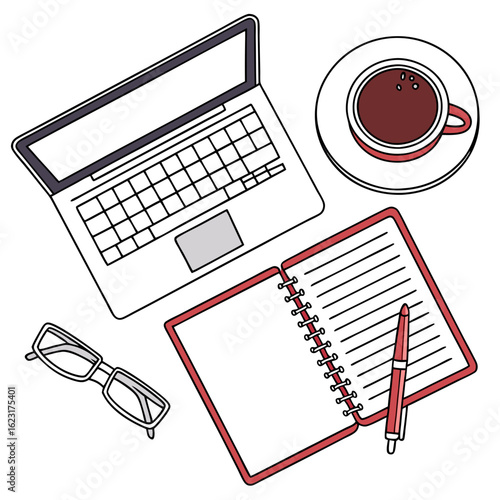 Overhead view of laptop, notebook, coffee, glasses, and pen isolated on white background