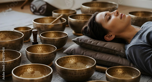 A sound bath therapy session A person lying down with eyes closed, surrounded by Himalayan singing bowls