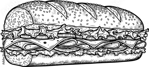 Vector art of delicious long sandwich with meat, cheese, and fresh vegetables