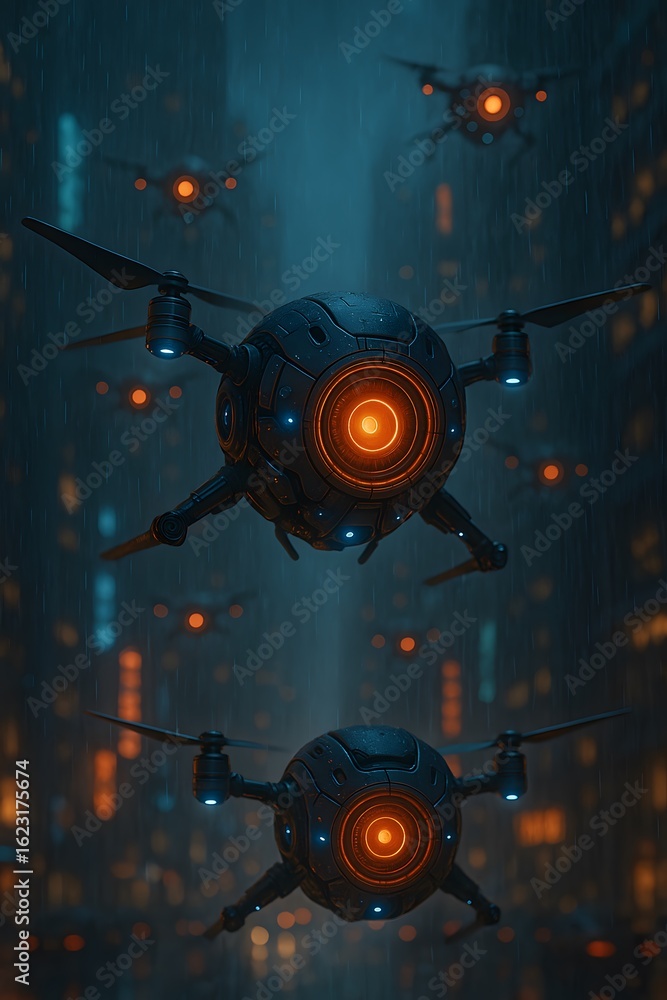Fototapeta premium Futuristic AI Surveillance Drones Flying Through Cyberpunk Cityscape at Night