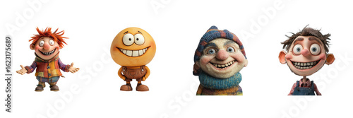 A set of creative miniature character smiling, photographed in a studio setting with controlled lighting and placed against a transparent background