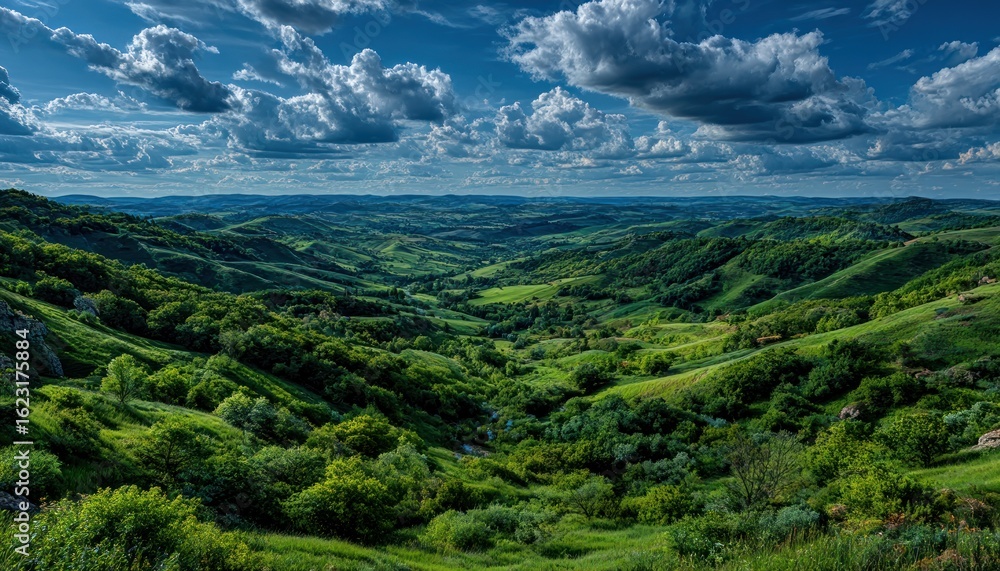 Obraz premium Lush valley panorama under a dramatic sky