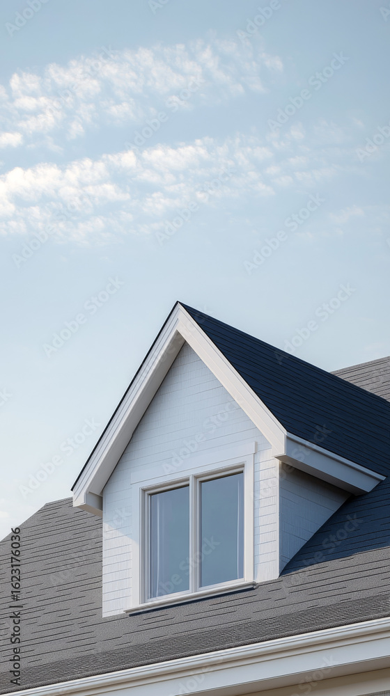 Architectural detail of a modern house showing roof and window. Clear sky above highlights the clean building lines. Architectural detail of a modern house showing roof and window. Clear sky above highlights the clean building lines.