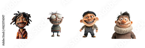 A set of creative miniature character smiling, photographed in a studio setting with controlled lighting and placed against a transparent background