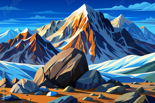 Scenic spring-day view along Alaska’s Denali Highway showing snow melt mountains, clear blue sky, and rugged tundra near Denali Range. Ideal for travel or nature artwork