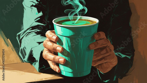 Person Holding Steaming Coffee Cup in Teal