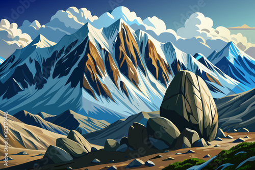 Scenic spring-day view along Alaska’s Denali Highway showing snow melt mountains, clear blue sky, and rugged tundra near Denali Range. Ideal for travel or nature artwork